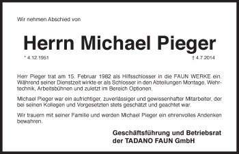 Traueranzeige von Michael Pieger von Pegnitz-Zeitung